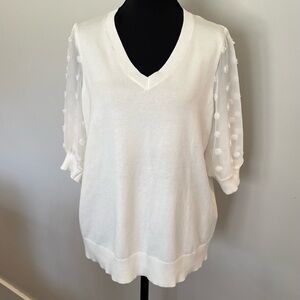 ADRIANNA PAPELL White V-Neck Sweater with Sheer Polka Dot Sleeves